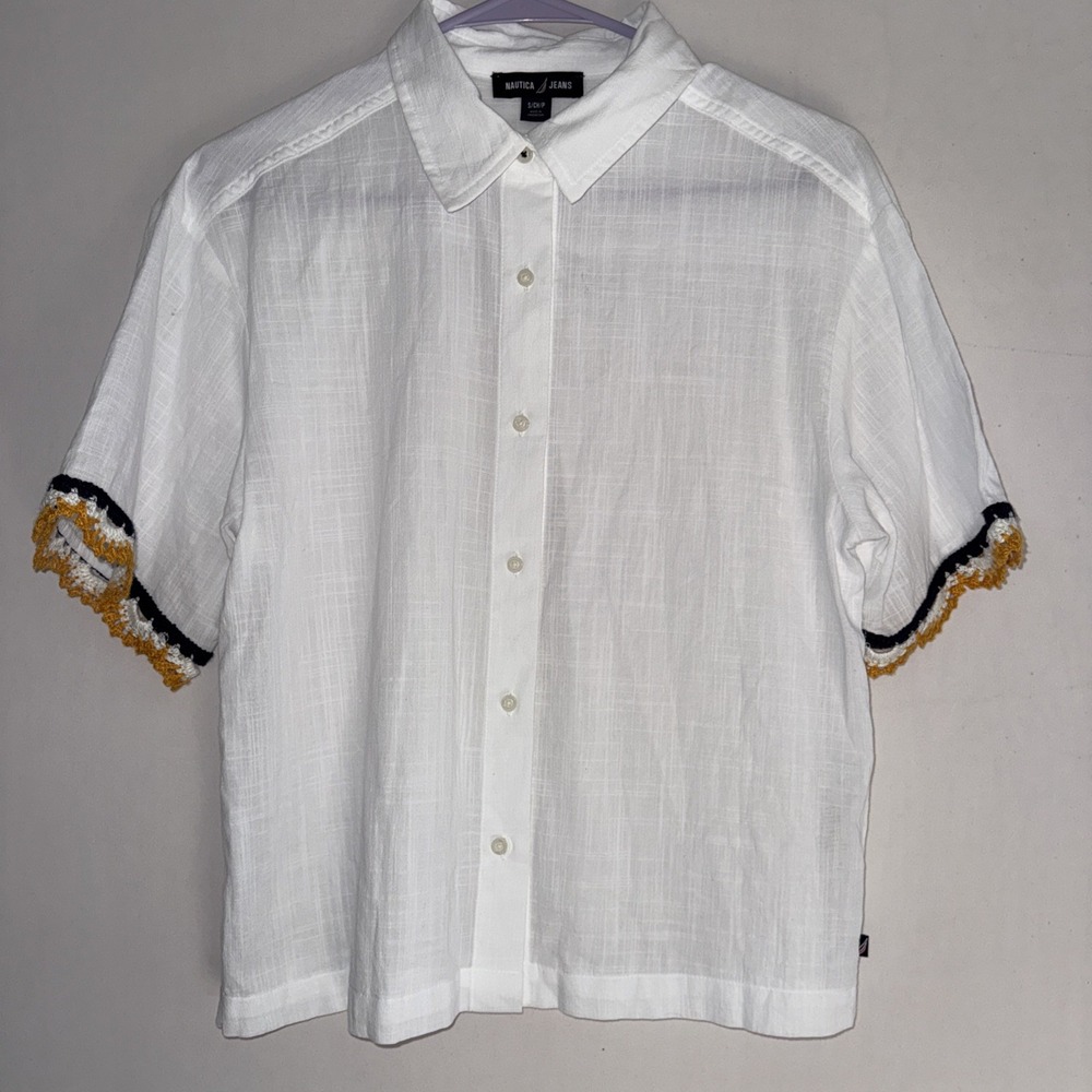 Nautica‎ Jeans Women's Short-Sleeve Crochet-Trim Cotton Shirt, White, Small NWOT